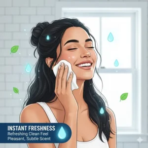 A person smiling and looking refreshed after using the body wash wipes, emphasizing the feeling of cleanliness and a pleasant scent.