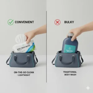 A visual comparison showing the portability and ease of body wash wipes for adults versus a traditional body wash bottle.