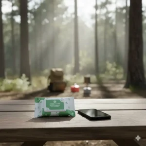 A small, sealed package of $\text{biodegradable wet wipes for camping}$ next to a smartphone to show its compact size for backpacking.