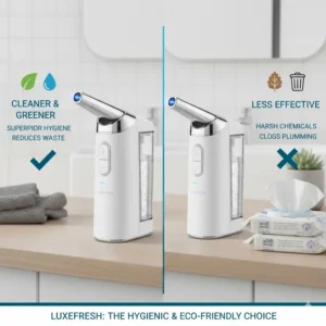 Visual comparing a battery operated bidet (cleaner, greener) next to disposable wet wipes.