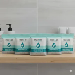 A display of the best disposable shower towelettes stacked neatly on a bathroom shelf or in a retail environment.