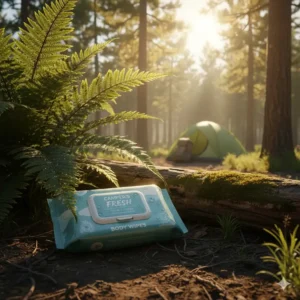 A resealable pack of body wipes for camping stored in a shaded area to prevent drying out and keep them fresh for use.