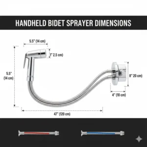 Graphic detailing the standard measurements and dimensions of the handheld bidet sprayer hot and cold components for fitting reference.