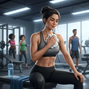 Athlete using disposable wipes to clean body and cool down immediately following a strenuous gym session.