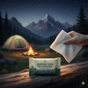 Compact package of large, individually wrapped wipes to clean body ideal for camping, backpacking, or travel cleansing.