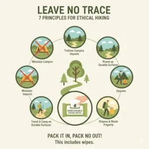 An illustrative sign detailing the Leave No Trace ethic, emphasizing the proper use of biodegradable wipes for hiking to protect the environment.