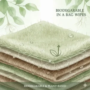 Close up of biodegradable shower in a bag wipes showing the natural fiber texture.