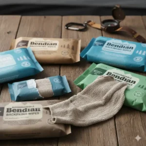 Close-up image comparing texture and size of several brands of the best wipes for backpacking for a review.