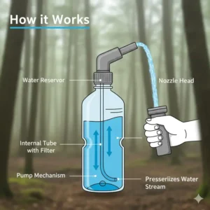Illustration showing the water flow and pressure mechanism of a handheld camp bidet.
