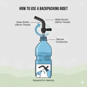 Illustration showing the step-by-step process of how to use the best backpacking bidet on a trail.