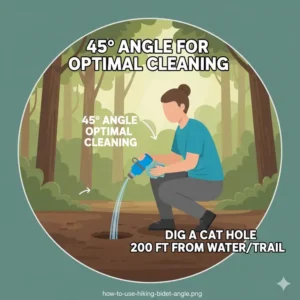 Diagram showing the correct angle to spray a hiking bidet for personal hygiene.