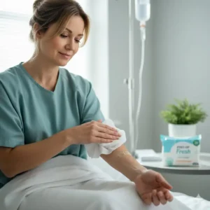 Close-up of a patient carefully using pre-moistened body cleansing wipes after surgery to gently clean their arm.