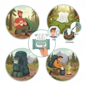 Camper using an extra-large, biodegradable camping wet wipes to quickly clean their hands after setting up a tent.