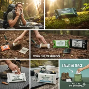 A hiker using body wipes for backpacking to clean their face and arms after a long day on the dusty trail.