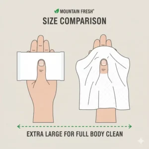 A graphic showing the extra-large size of these large body wipes for camping compared to a human hand.