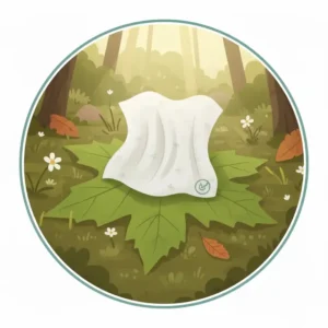 Close-up shot of a single biodegradable camping wet wipes on a forest floor, emphasizing its eco-friendly and safe-for-nature properties.
