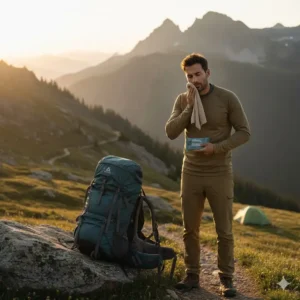 Hiker using a large wipe for body cleansing to feel fresh, emphasizing the need for the best wipes for backpacking.