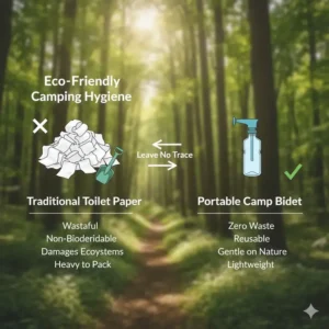 Graphic comparing reduced toilet paper waste to the eco-friendly benefits of using a camp bidet.