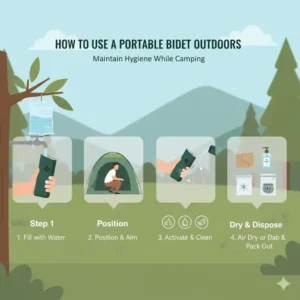 An instructional illustration showing the correct way to operate the best camping bidet outdoors.