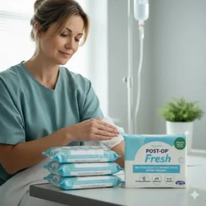 Stack of no-rinse body cleansing wipes after surgery packaging, highlighting features like hypoallergenic for post-operative care.