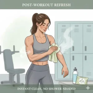 An athlete using shower in a bag wipes for a quick clean after a gym session.