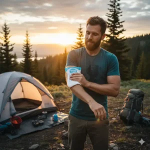 A tired hiker is refreshing quickly with a large, durable shower on the go wipes outside of their tent after a long day on the trail.