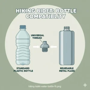 A hiking bidet nozzle compatible with various standard plastic water bottles.