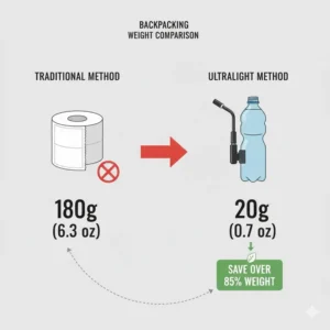 A weight comparison chart between a heavy toilet paper roll and the best backpacking bidet for ultralight hikers.