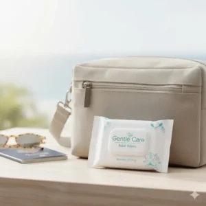 A small, resealable pack of portable wipes, highlighting the convenience of carrying the best adult wipes for sensitive skin while traveling.
