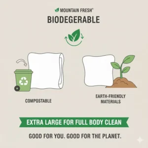 Eco-friendly and 100% biodegradable large body wipes for camping shown in a forest setting.