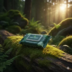 Close-up of a package of biodegradable wipes for backpacking placed on a mossy log, emphasizing the environmentally friendly aspect of personal care.