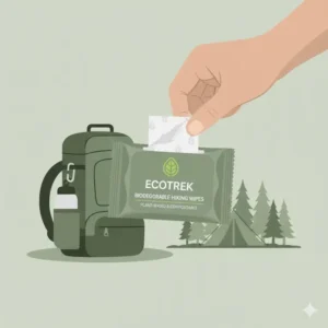 Close-up of a small, lightweight, and durable travel pack of biodegradable wipes for hiking, designed for easy carrying.
