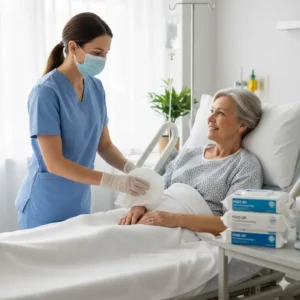 A nurse or caregiver administering a quick bed bath using disposable body cleansing wipes after surgery for a patient unable to shower.