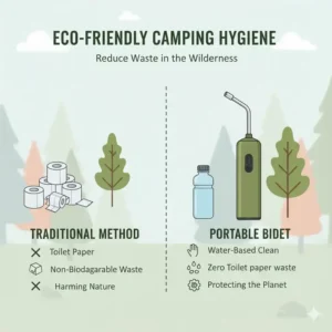Graphic showing how the best camping bidet helps protect the environment by reducing waste.