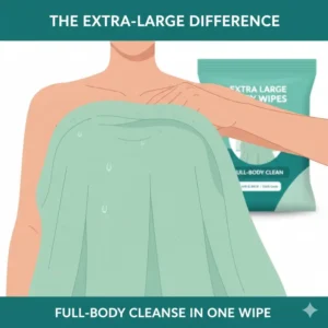 A hand holding an extra-large shower in a bag wipes to show full-body coverage.