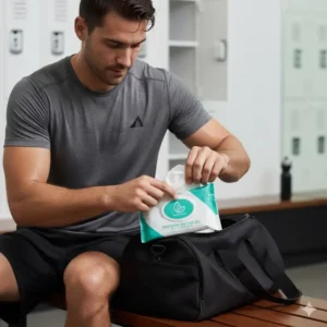 A sweaty person pulling a moist towelette from a packet of shower on the go wipes inside a gym bag after an intense workout session.