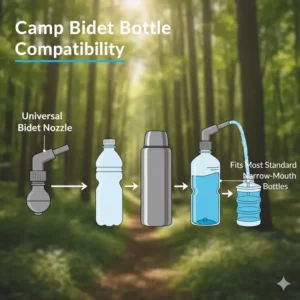 Diagram demonstrating how a universal camp bidet nozzle fits onto various water bottles.
