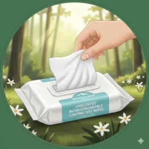 Open package of unscented camping wet wipes, showing the soft texture and thick design, ideal for sensitive skin and body cleaning.