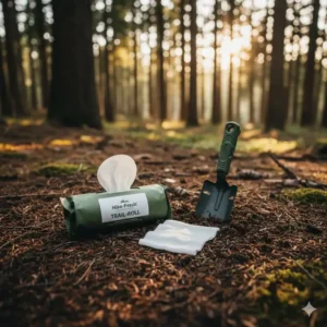 A rolled-up pack of lightweight, compressed wipes for backpacking that can be used as an effective toilet paper alternative on multi-day trips.