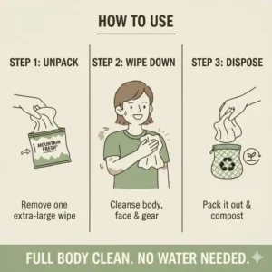 An instructional diagram on how to perform a full-body waterless shower using large body wipes for camping.