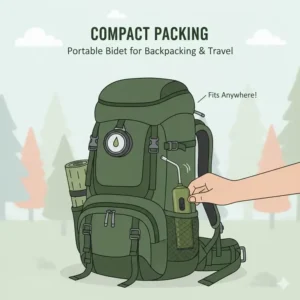 A scale illustration of the best camping bidet fitting inside a small pocket of a hiking pack.