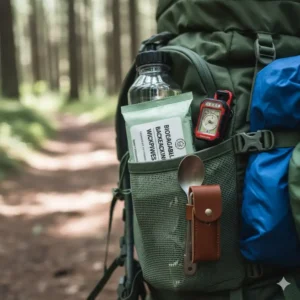 A pack of the best wipes for backpacking stored in the mesh pocket of a hiker's backpack alongside other small items.