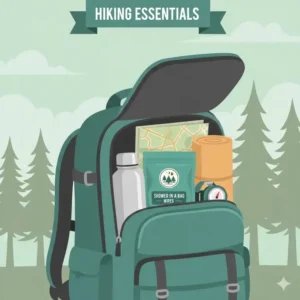 Shower in a bag wipes packed inside a hiking backpack next to a water bottle.