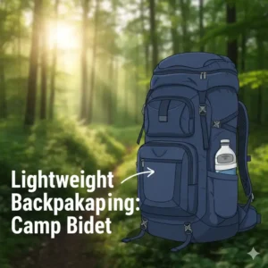 Scale illustration showing a compact camp bidet fitting into a side pocket of a backpack.