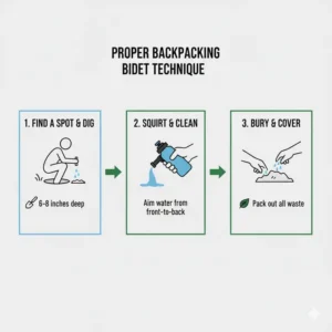 A technical drawing demonstrating the most effective spraying angle for the best backpacking bidet.