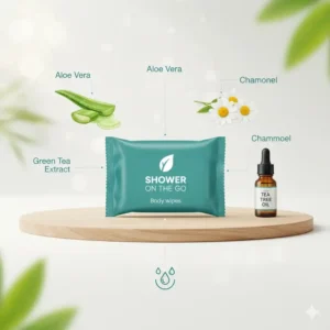 A stylized graphic showing key natural ingredients, such as aloe vera and chamomile, infused in the shower on the go wipes formula.