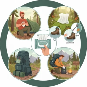 A collection of items including a camper's face, muddy boots, and a cooking utensil being cleaned with the same versatile camping wet wipes.