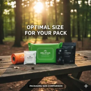 A flat lay comparing the sizes of travel-size and larger packs of wipes for backpacking, showing the optimal size for weight and space saving.