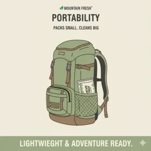 A compact and lightweight package of large body wipes for camping stored in a hiking backpack.