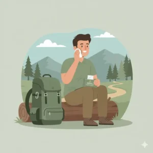 A visual of a person using one of the biodegradable wipes for hiking to clean their dirty hands and face on the trail.